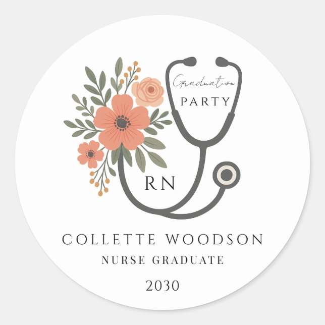 Watercolor Floral Stethoscope Nurse Graduation Classic Round Sticker (Front)
