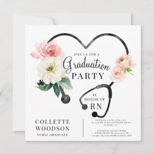 Watercolor Floral Stethoscope Nurse Graduation Invitation