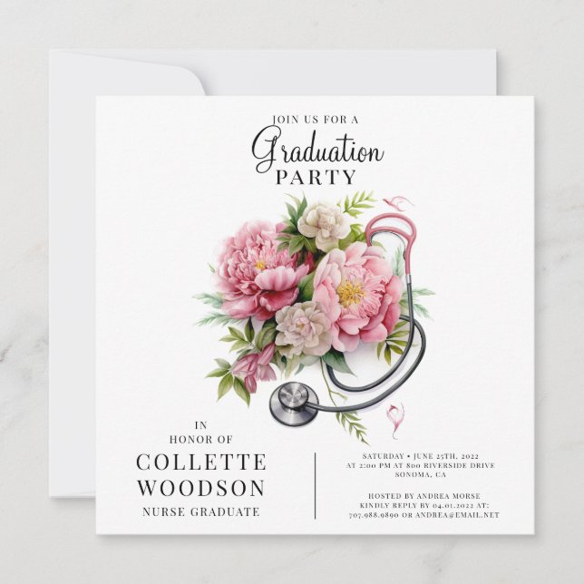 Watercolor Floral Stethoscope Nurse Graduation  Invitation (Front)