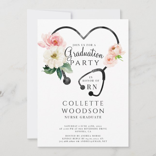 Watercolor Floral Stethoscope Nurse Graduation  Invitation (Front)