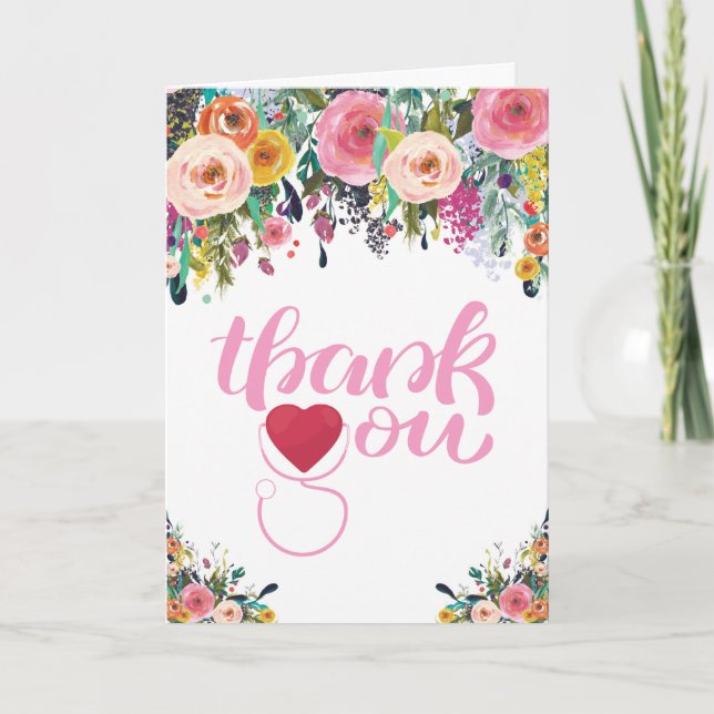 Watercolor Floral Stethoscope Nurse Thank You Card (Front)