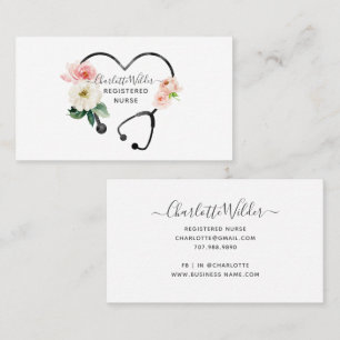 Watercolor Floral Stethoscope Registered Nurse Business Card