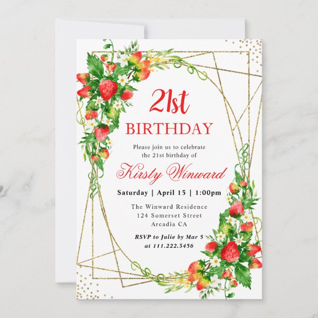 Watercolor Floral Strawberries Frame 21st Birthday Invitation (Front)