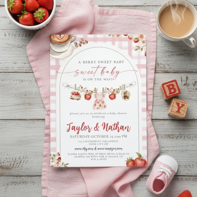 watercolor floral strawberry baby is brewing apple invitation (Creator Uploaded)