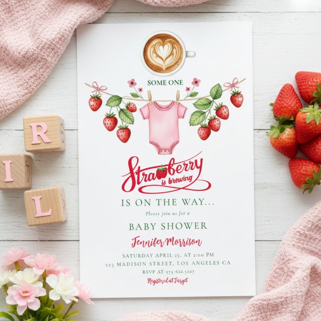 watercolor floral strawberry baby is brewing invitation (Creator Uploaded)