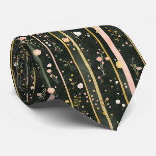 Watercolor Floral Striped Dark Green Gold Pink Men Tie