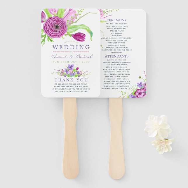 Watercolor Floral Summer Wedding Hand Fan (Front and Back)