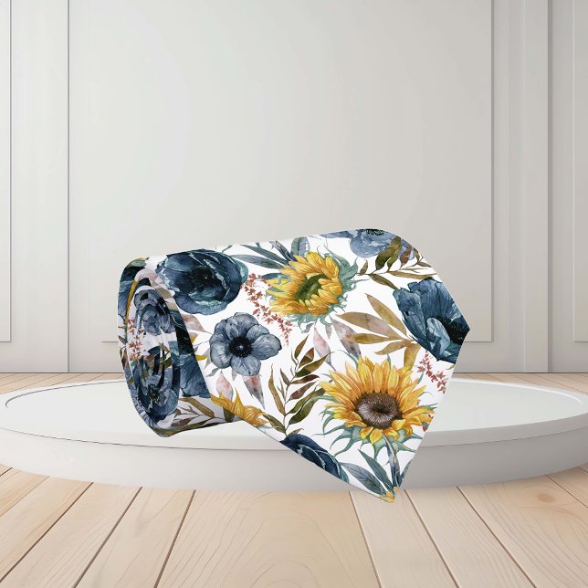 Watercolor Floral Sunflower Blue Flower  Tie (Creator Uploaded)