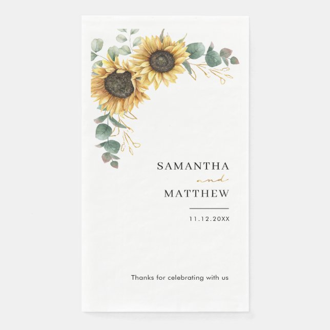 Watercolor Floral Sunflower Eucalyptus Wedding Napkin (Front)
