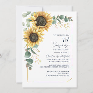 Watercolor Floral Sunflower Script 75th Birthday Invitation