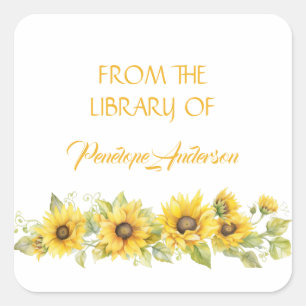 Watercolor Floral Sunflower Yellow Bookplate Square Sticker