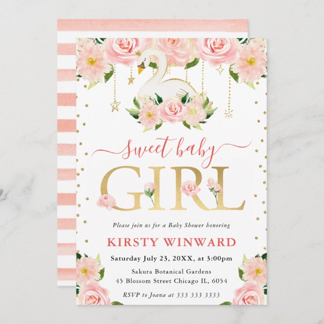 Watercolor Floral Swan Girl Baby Shower Invitation (Front/Back)