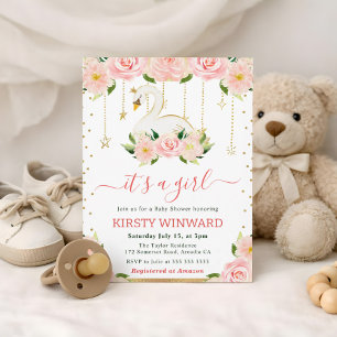 Watercolor Floral Swan Girl Baby Shower Invitation