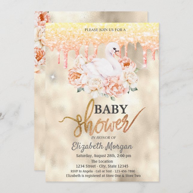 Watercolor Floral Swan Glitter Drips Baby Shower Invitation (Front/Back)