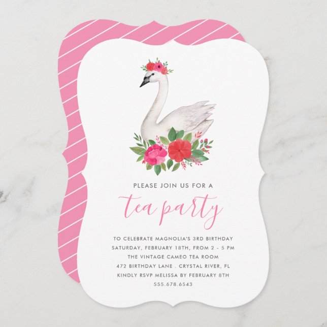 Watercolor Floral Swan Princess Birthday Tea Party Invitation (Front/Back)