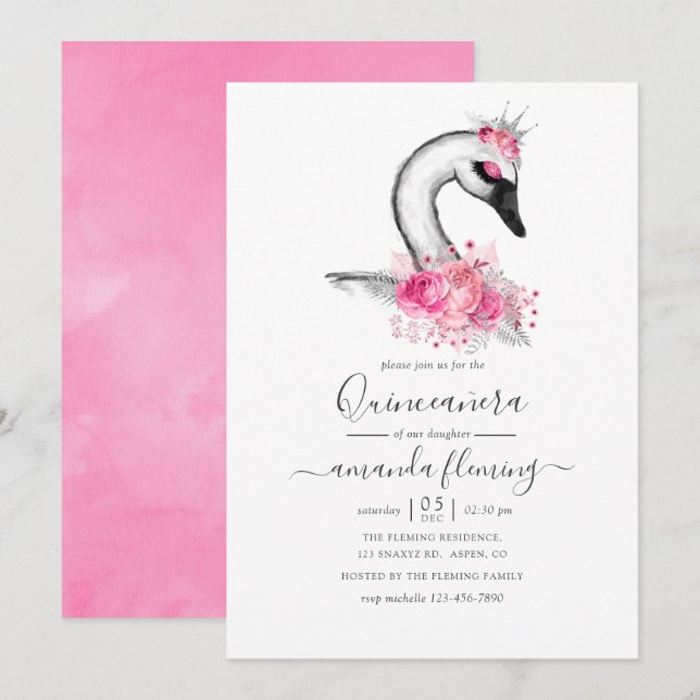 Watercolor Floral Swan Quinceañera Invitation (Front/Back)