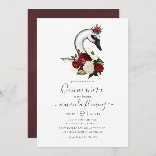 Watercolor Floral Swan Quinceañera Invitation (Front/Back)