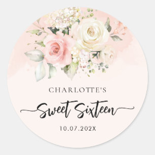 Watercolor Floral Sweet 16 Birthday Script Classic Round Sticker