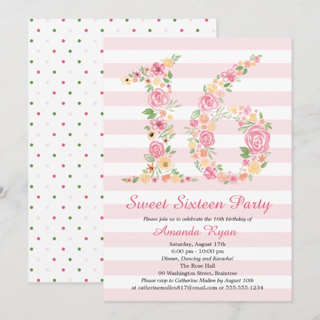 Watercolor Floral Sweet Sixteen Birthday Invitation (Front/Back)