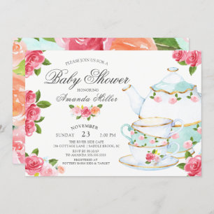 Watercolor Floral Tea Baby Shower Invitation