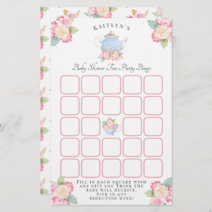 Watercolor Floral Tea Party   Baby Shower Bingo