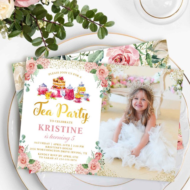 Watercolor Floral Tea Party Girls Birthday Photo Invitation (Creator Uploaded)