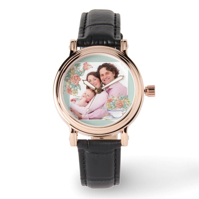 Watercolor Floral Teacup Custom Photo Watch (Front)
