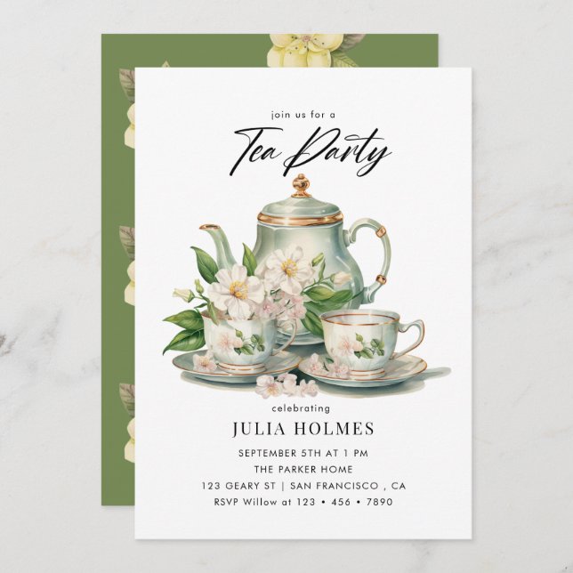 Watercolor Floral Teacup Tea Party Invitation (Front/Back)