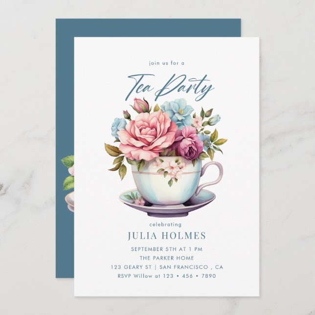 Watercolor Floral Teacup Tea Party Invitation (Front/Back)