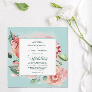 Watercolor Floral Teal and Coral Pink Wedding Invitation