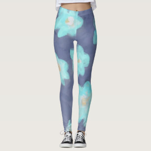 Watercolor floral teal cyan wildflowers navy blue leggings