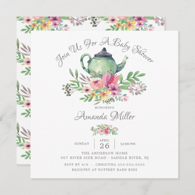 Watercolor Floral Teapot Baby Shower  Invitation (Front/Back)