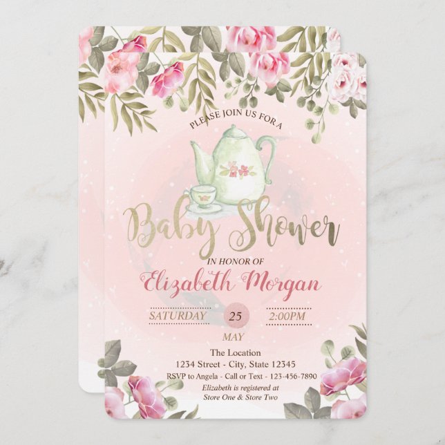 Watercolor Floral Teapot  Baby Shower Invitation (Front/Back)