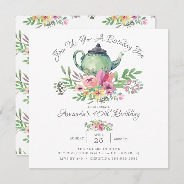 Watercolor Floral Teapot Birthday Party Invitation (Front/Back)