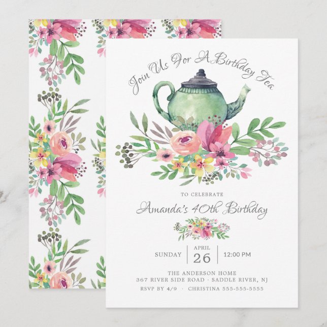 Watercolor Floral Teapot Birthday Party Invitation (Front/Back)