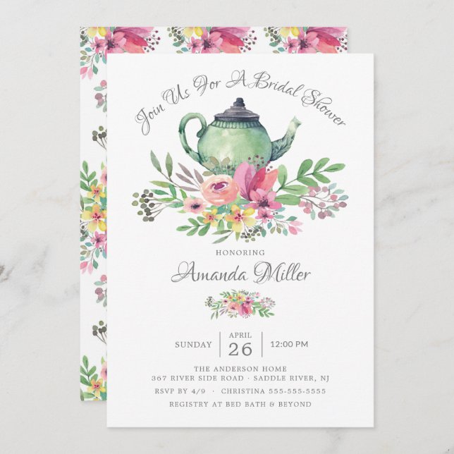 Watercolor Floral Teapot Bridal Shower  Invitation (Front/Back)