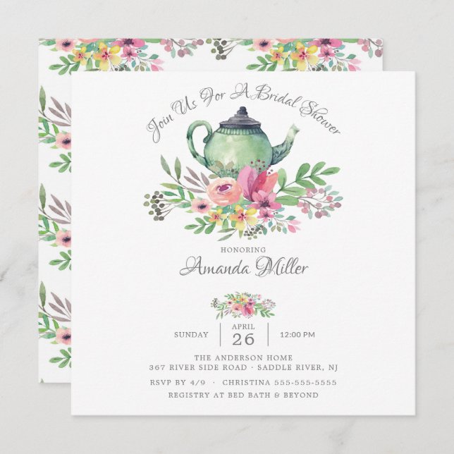 Watercolor Floral Teapot Bridal Shower  Invitation (Front/Back)