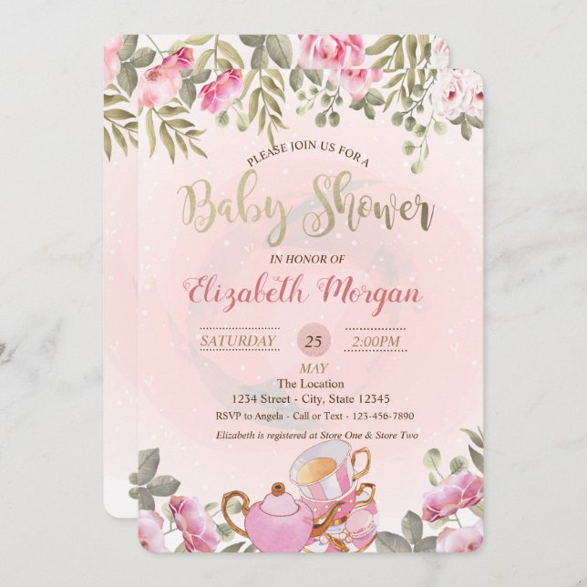 Watercolor Floral Teapot Macaron Baby Shower Invitation (Front/Back)