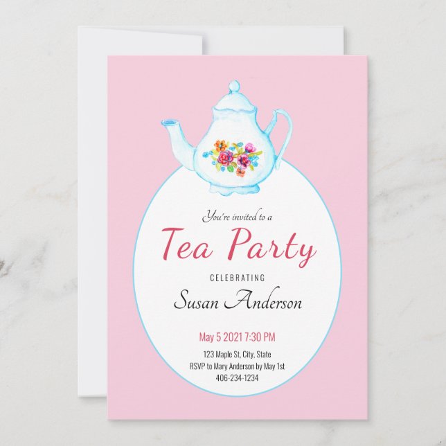 Watercolor Floral Teapot Pink Tea Party Invitation (Front)