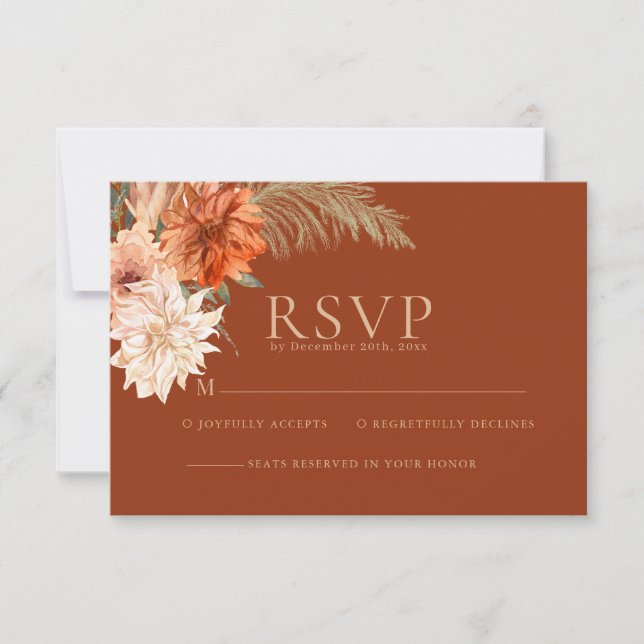 Watercolor floral terracotta rustic fall Wedding RSVP Card (Front)