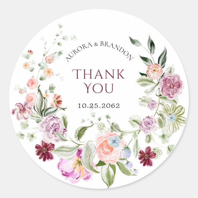 Watercolor Floral Thank You Wedding Favor Sticker (Front)