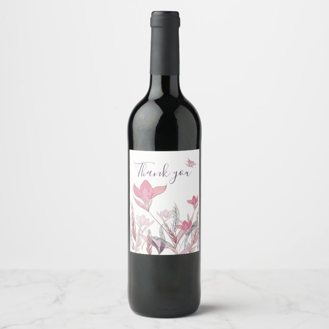 Watercolor Floral Thank You Wine Label – Elegant (Front)