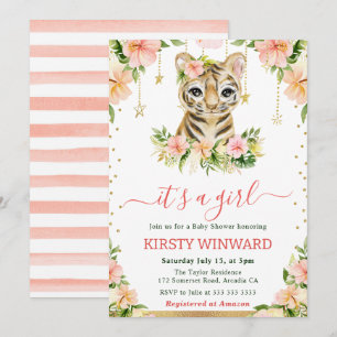 Watercolor Floral Tiger Cub Girl Baby Shower Invitation