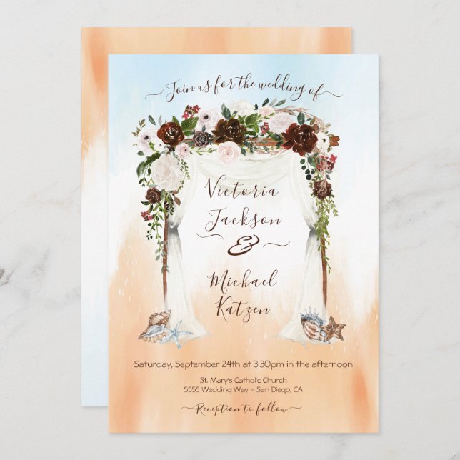 Watercolor Floral Tropical Beach Canopy Wedding Invitation (Front/Back)
