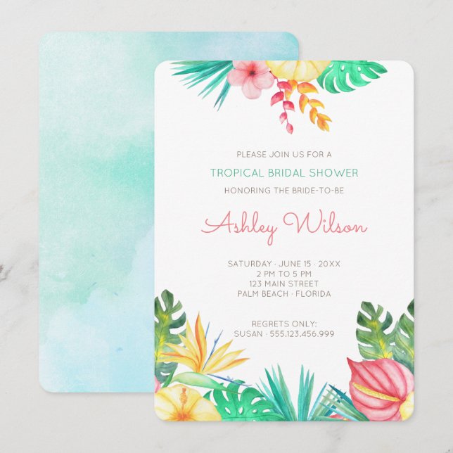 Watercolor Floral Tropical Bridal Shower Invite (Front/Back)