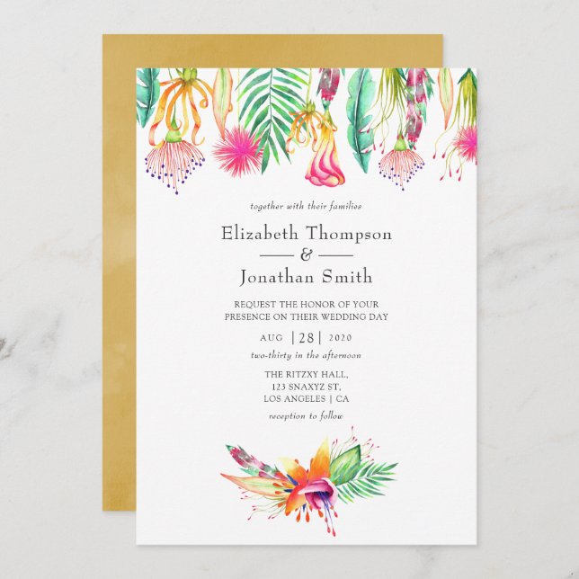 Watercolor Floral Tropical Summer Beach Wedding Invitation (Front/Back)