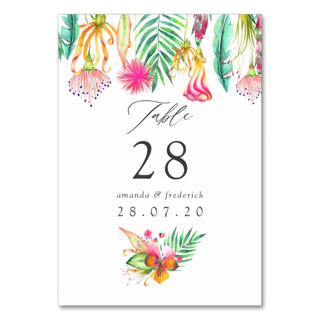 Watercolor Floral Tropical Summer Beach Wedding Table Number (Front)