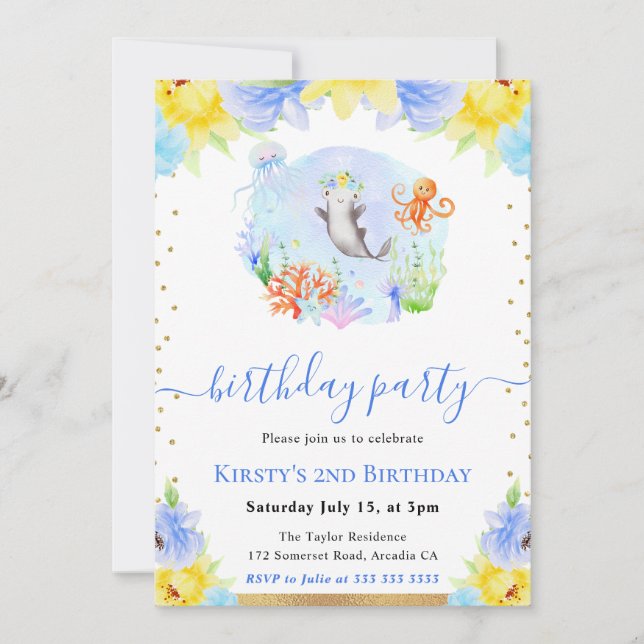 Watercolor Floral Underwater Animals Birthday Invitation (Front)