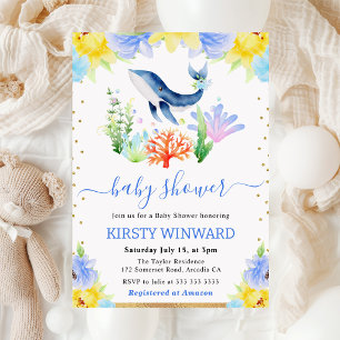 Watercolor Floral Underwater Whale Baby Shower Inv Invitation