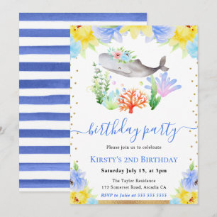 Watercolor Floral Underwater Whale Birthday Invitation